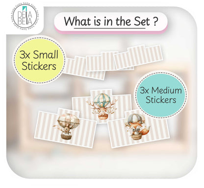 An informational product graphic for a trofast ikea sticker set titled 'What is in the Set ?' showing three small stickers and three medium stickers with vintage hot air balloon illustrations on striped white cards. The set includes a DHA BEHA logo in the top left, a yellow circle reading '3x Small Stickers,' and a light blue circle reading '3x Medium Stickers.