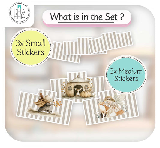 A product information graphic for a Dha Beha sticker set, titled 'What is in the Set ?'. It shows sample sticker designs with autumn and fairy illustrations on a beige and white striped background, with text labels indicating '3x Small Stickers' and '3x Medium Stickers'.