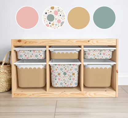 Wooden storage unit with patterned bins and color swatches on a light background