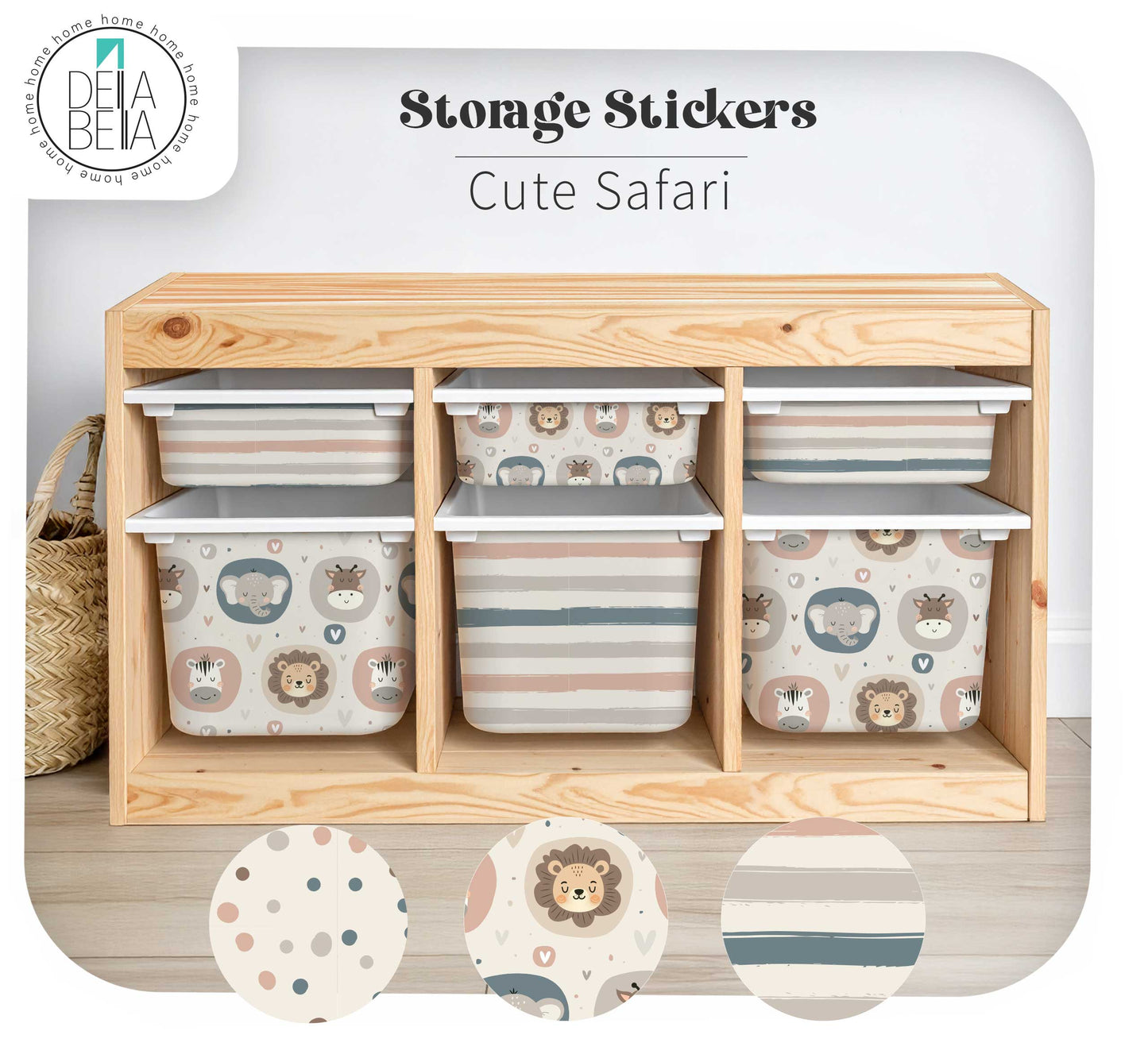 Storage stickers with cute safari design on a wooden shelf with storage bins.