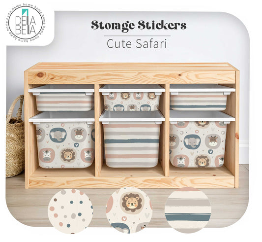 Storage stickers with cute safari design on a wooden shelf with storage bins.