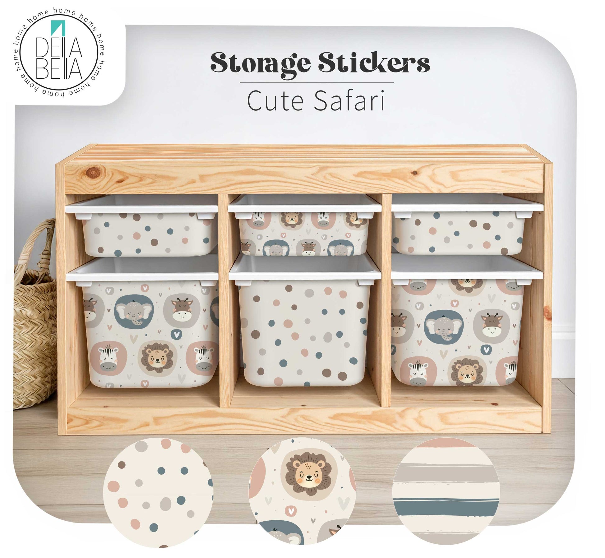 Storage stickers with a cute safari design on a wooden shelf with storage bins.