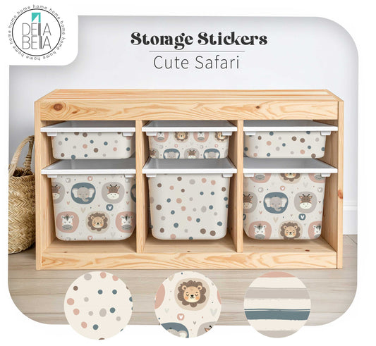 Storage stickers with a cute safari design on a wooden shelf with storage bins.