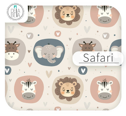 Patterned trofast ikea hack sticker with cartoon animal faces and 'Safari' text on a beige background