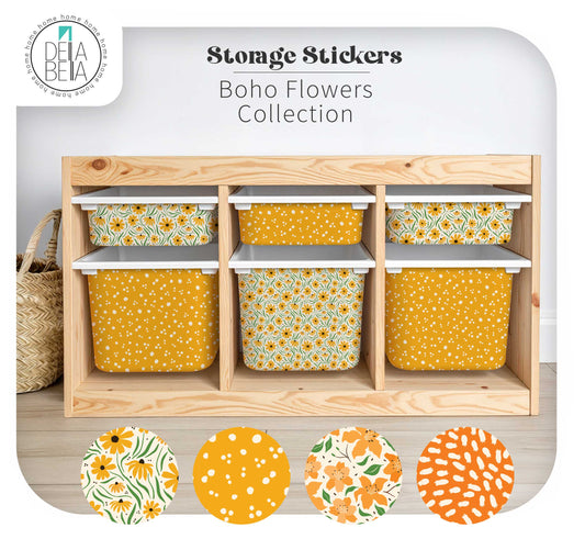 Sikea trofast storage stickers with Boho Flowers design on a wooden shelf with Dela Bella branding.