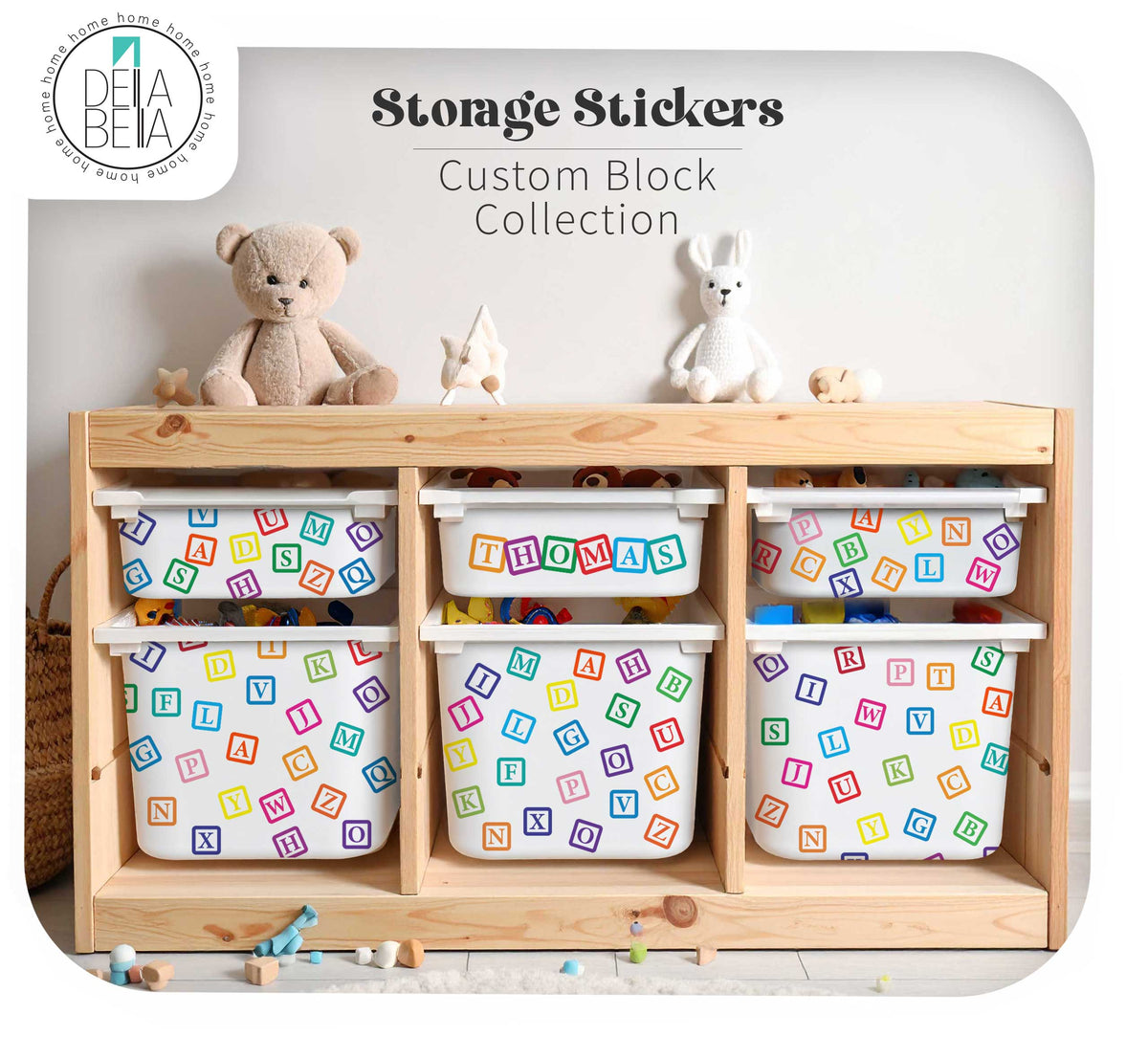 IKEA Trofast wooden storage unit with personalised Thomas name alphabet block stickers by Della Bella UK
