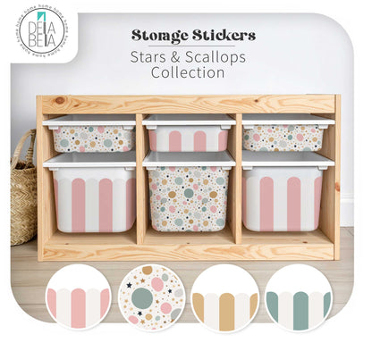 ikea hack trofast sticker Storage bins with patterned lids in a wooden organizer, featuring the Delia Bella brand.