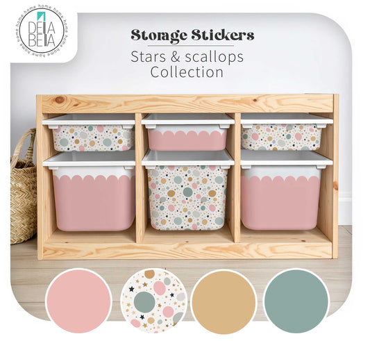 Storage bins with decorative lids in a wooden organizer, featuring the Stars & scallops Collection by Delta Bela.