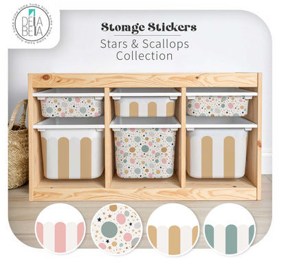 ikea hack sticker Storage bins with decorative stickers on a wooden shelf, featuring the Delia Bella brand.