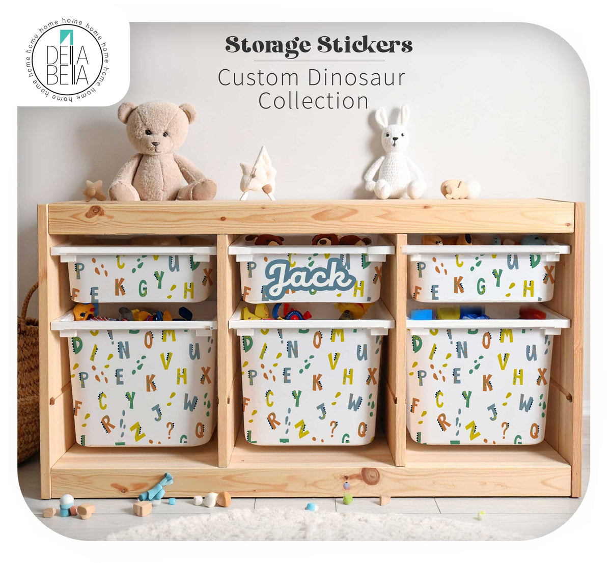 IKEA Trofast wooden unit with custom Jack name sticker and dinosaur alphabet decals by Della Bella