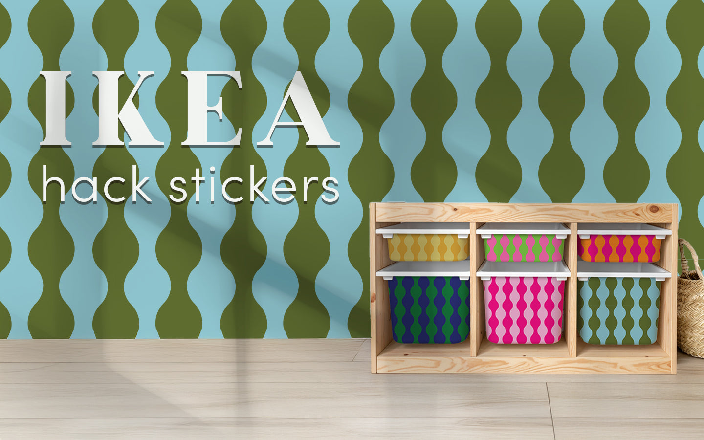 An IKEA Trofast storage unit customised with a variety of colourful retro stickers, illustrating the concept of IKEA Hacks from Della Bella Home