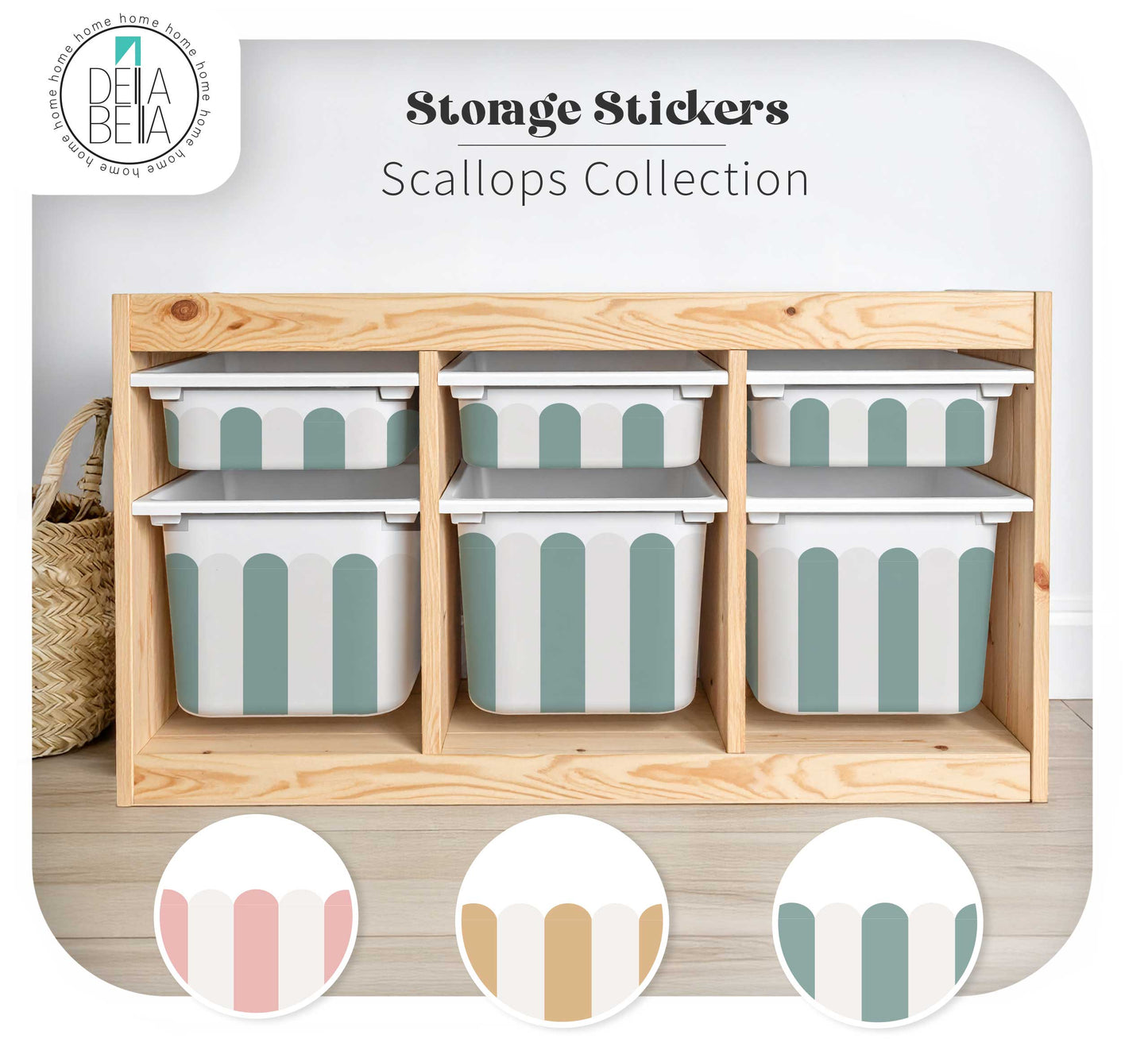 Scallop IKEA Trofast Stickers in Blush Teal and Camel for nursery storage bins.