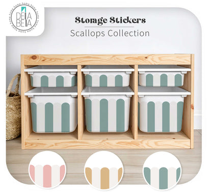 Scallop IKEA Trofast Stickers in Blush Teal and Camel for nursery storage bins.