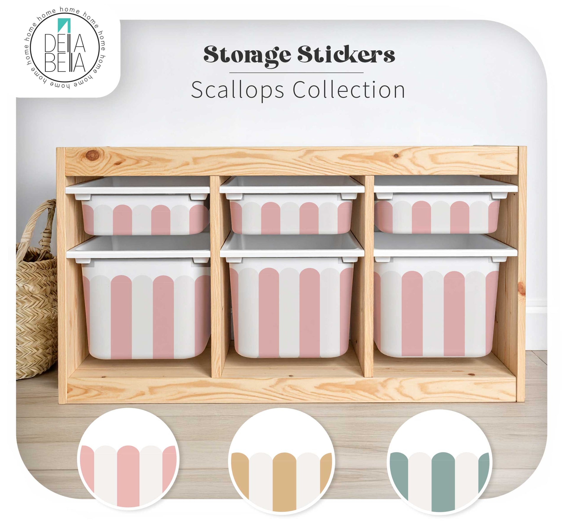 Scallop IKEA Trofast Stickers in Blush Teal and Camel for nursery storage bins.