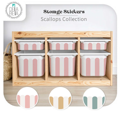 Scallop IKEA Trofast Stickers in Blush Teal and Camel for nursery storage bins.