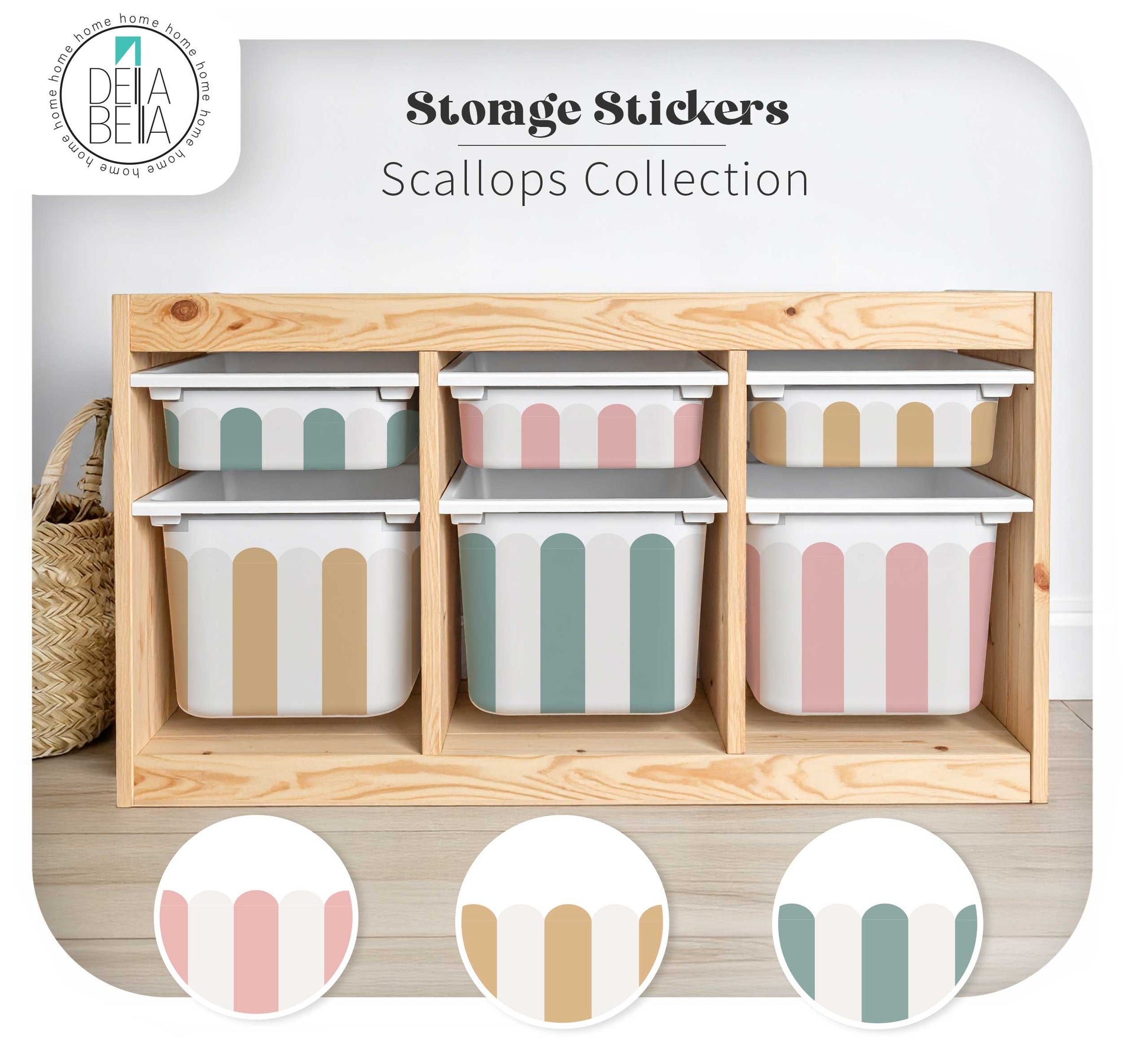 Storage bins with scalloped edges in a wooden organizer, featuring the Delia Bella brand.