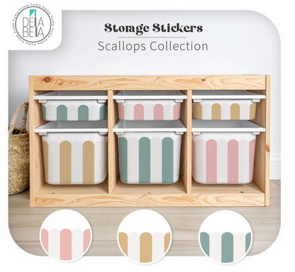 Storage bins with scalloped edges in a wooden organizer, featuring the Delia Bella brand.