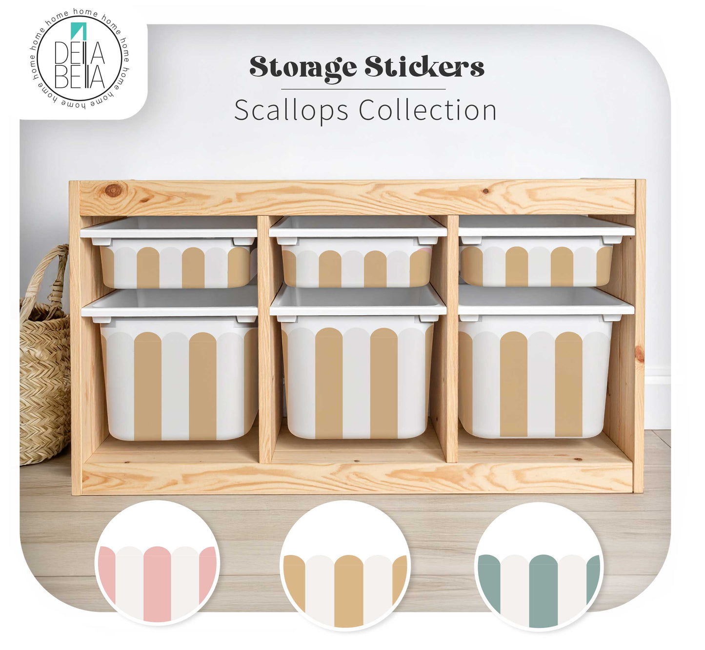 Scallop IKEA Trofast Stickers in Blush Teal and Camel for nursery storage bins.