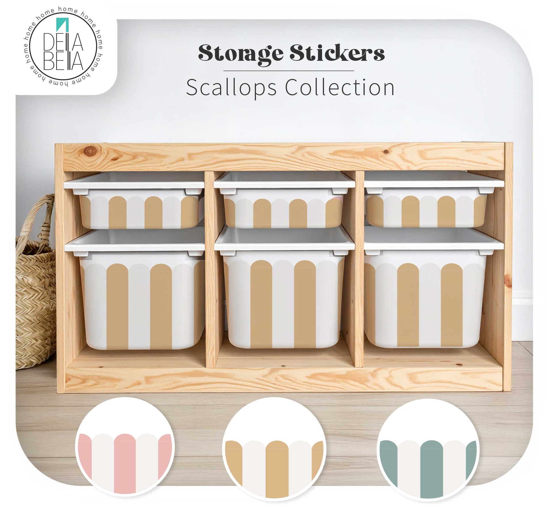 Scallop IKEA Trofast Stickers in Blush Teal and Camel for nursery storage bins.