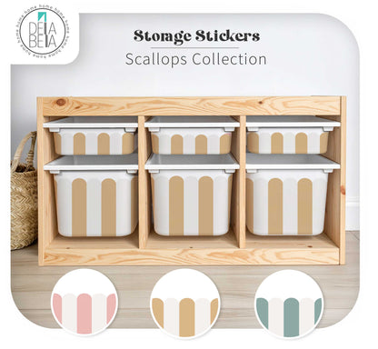 Scallop IKEA Trofast Stickers in Blush Teal and Camel for nursery storage bins.