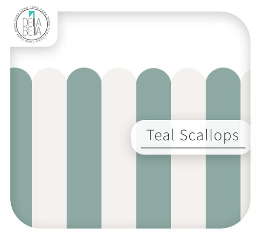 Packaging of teal and white scalloped items with 'Delta Belia' branding.