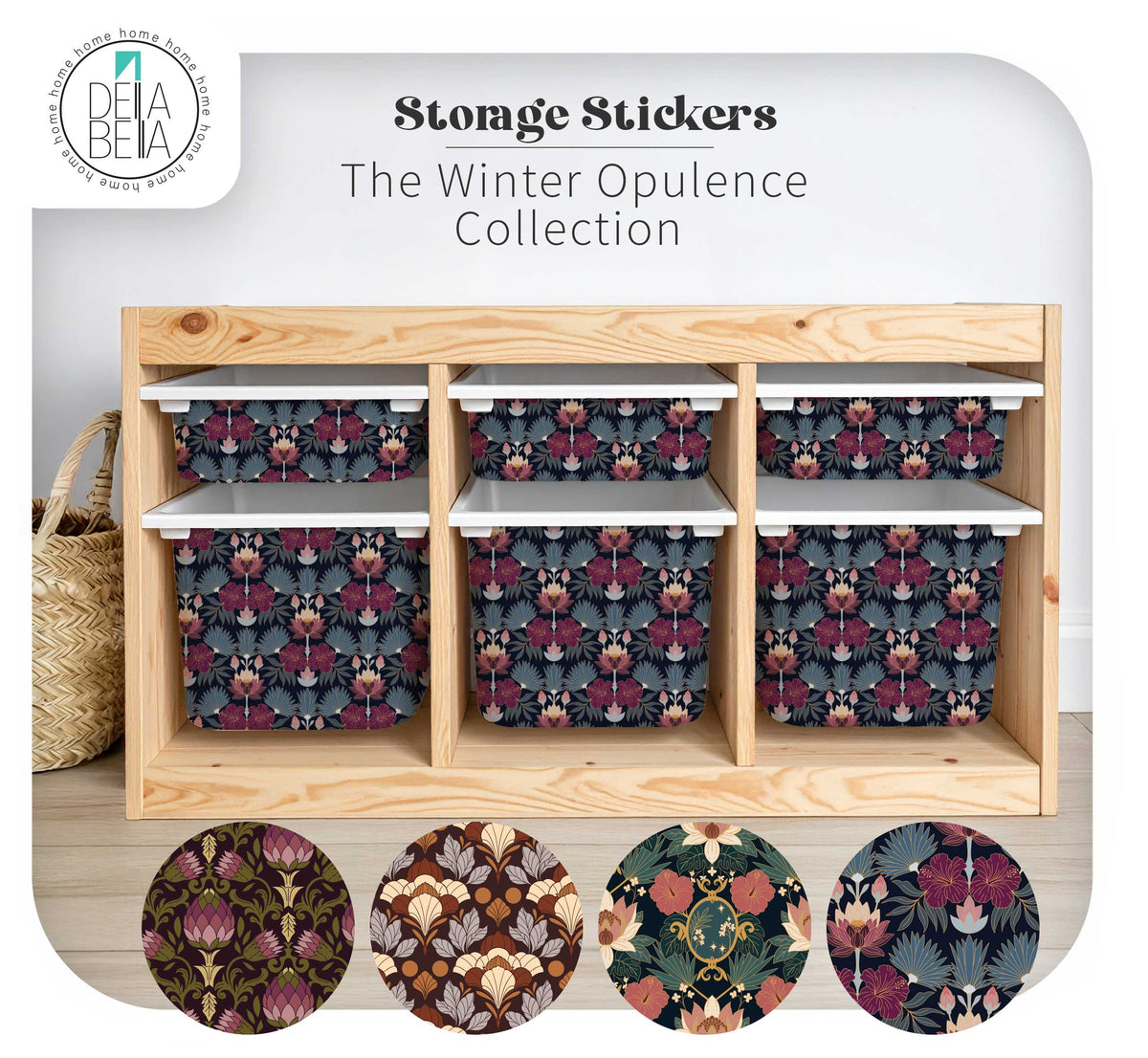 A wooden IKEA Trofast storage unit holding six white bins, decorated with Della Bella's Winter Opulence Collection vinyl stickers. The bottom highlights circular close-ups of the dark floral and Art Deco patterns.