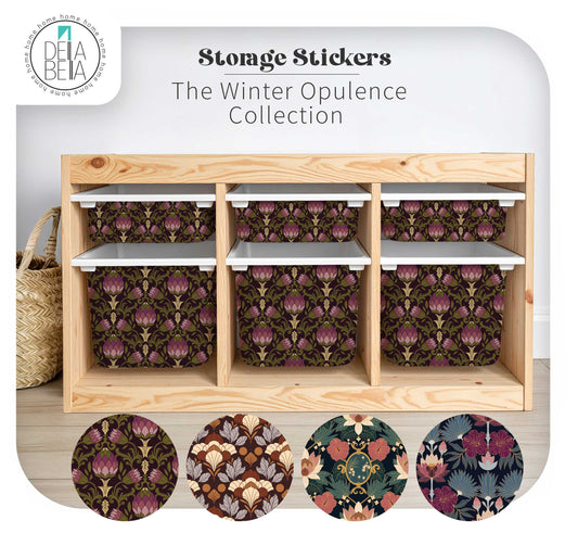 A wooden IKEA Trofast storage unit holding six white bins, decorated with Della Bella's Winter Opulence Collection vinyl stickers. The bottom highlights circular close-ups of the dark floral and Art Deco patterns.