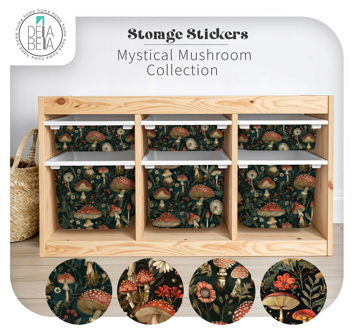 Four white IKEA Trofast storage bins decorated with Della Bella Mystical Mushroom vinyl stickers. The four botanical designs shown are Enchanted, Rustic, Garden, and Meadow on a dark background.
