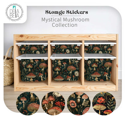 Four white IKEA Trofast storage bins decorated with Della Bella Mystical Mushroom vinyl stickers. The four botanical designs shown are Enchanted, Rustic, Garden, and Meadow on a dark background.
