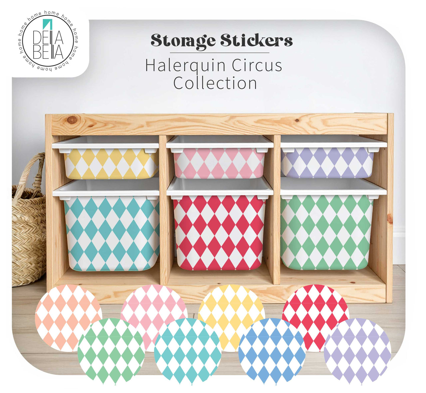 IKEA Trofast unit makeover using Della Bella Circus Collection vinyl wraps for nursery organization.