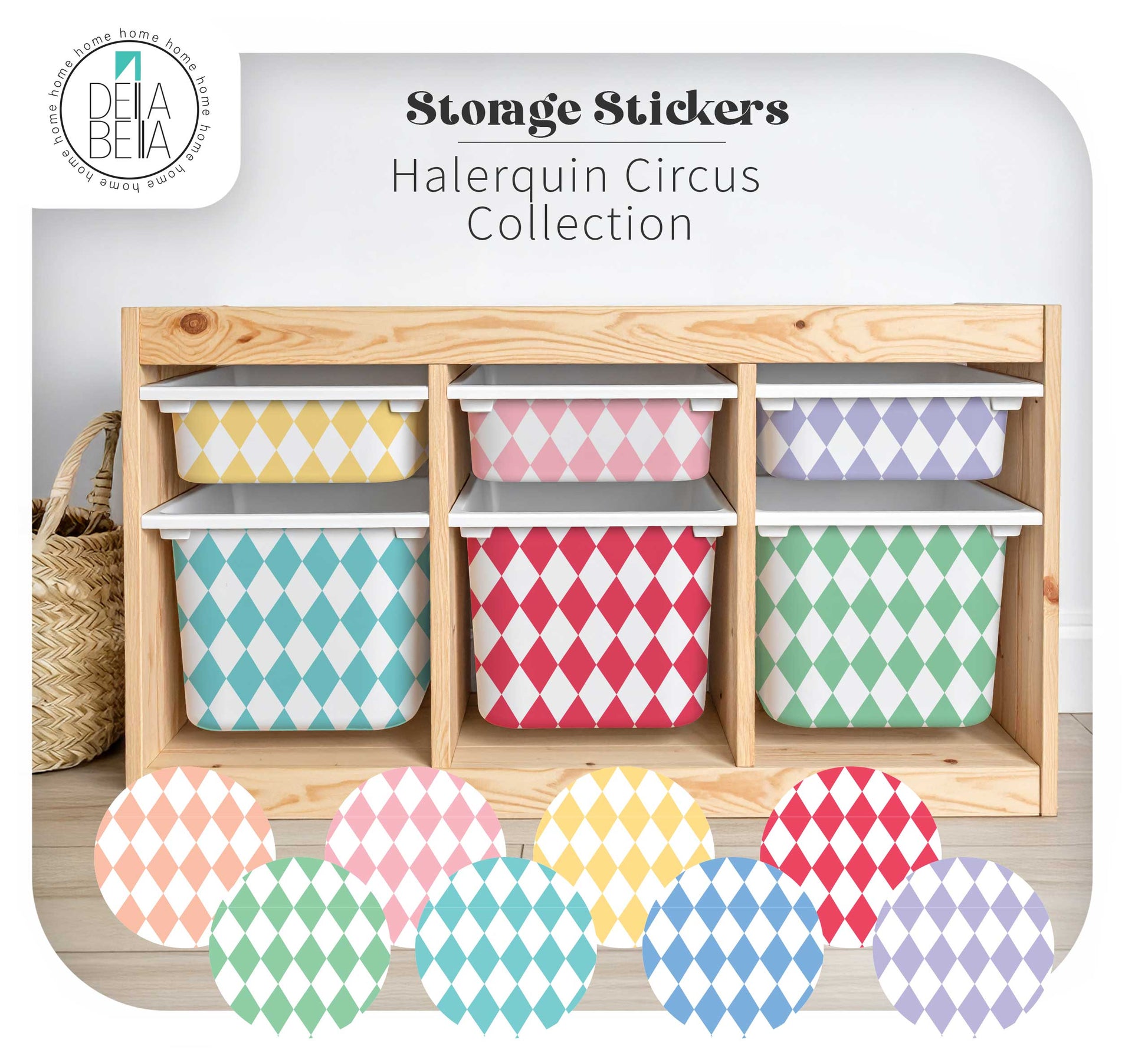 IKEA Trofast unit makeover using Della Bella Circus Collection vinyl wraps for nursery organization.