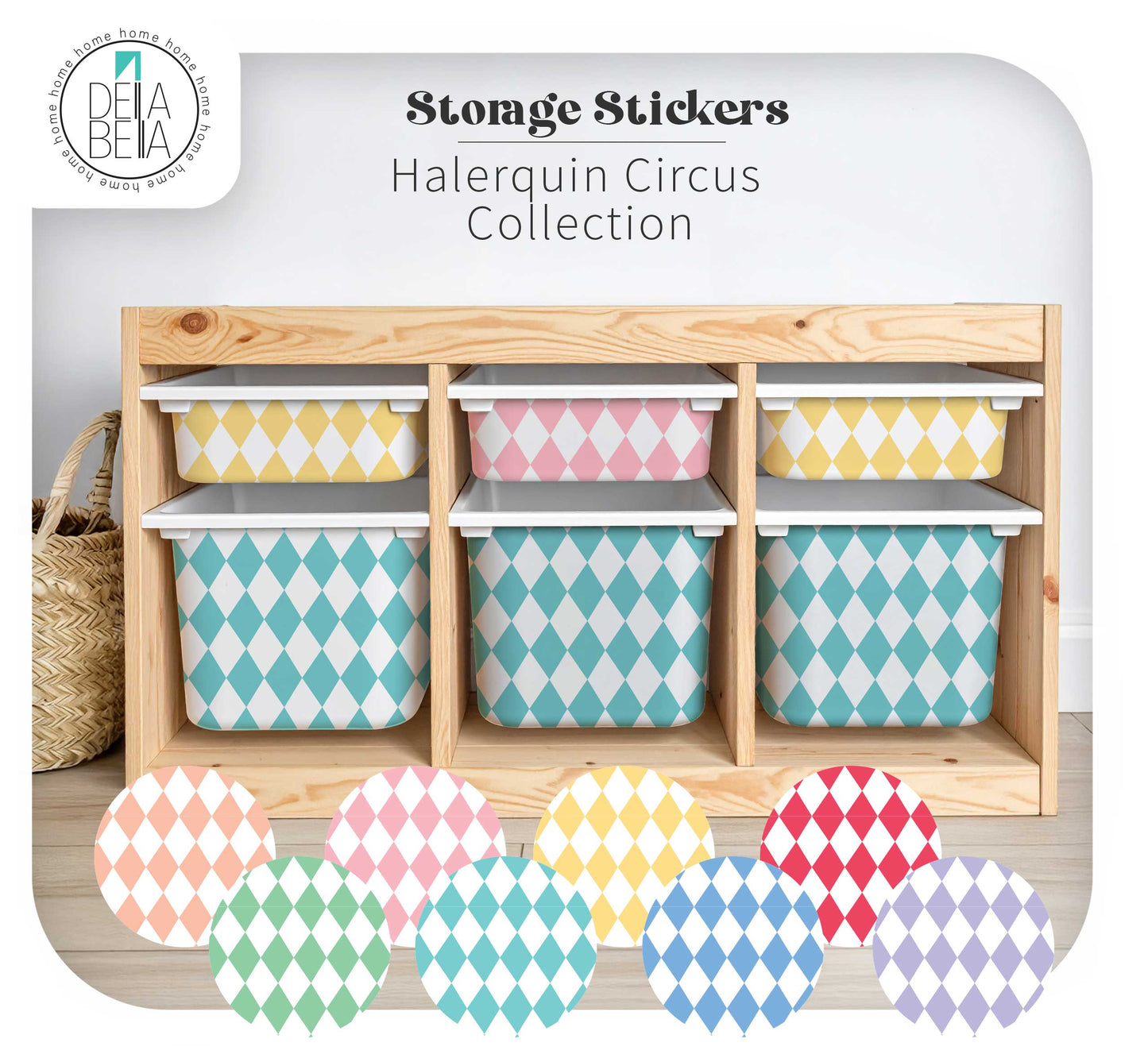 harlequin pattern vinyl decal for IKEA Trofast toy boxes - Circus theme decor.