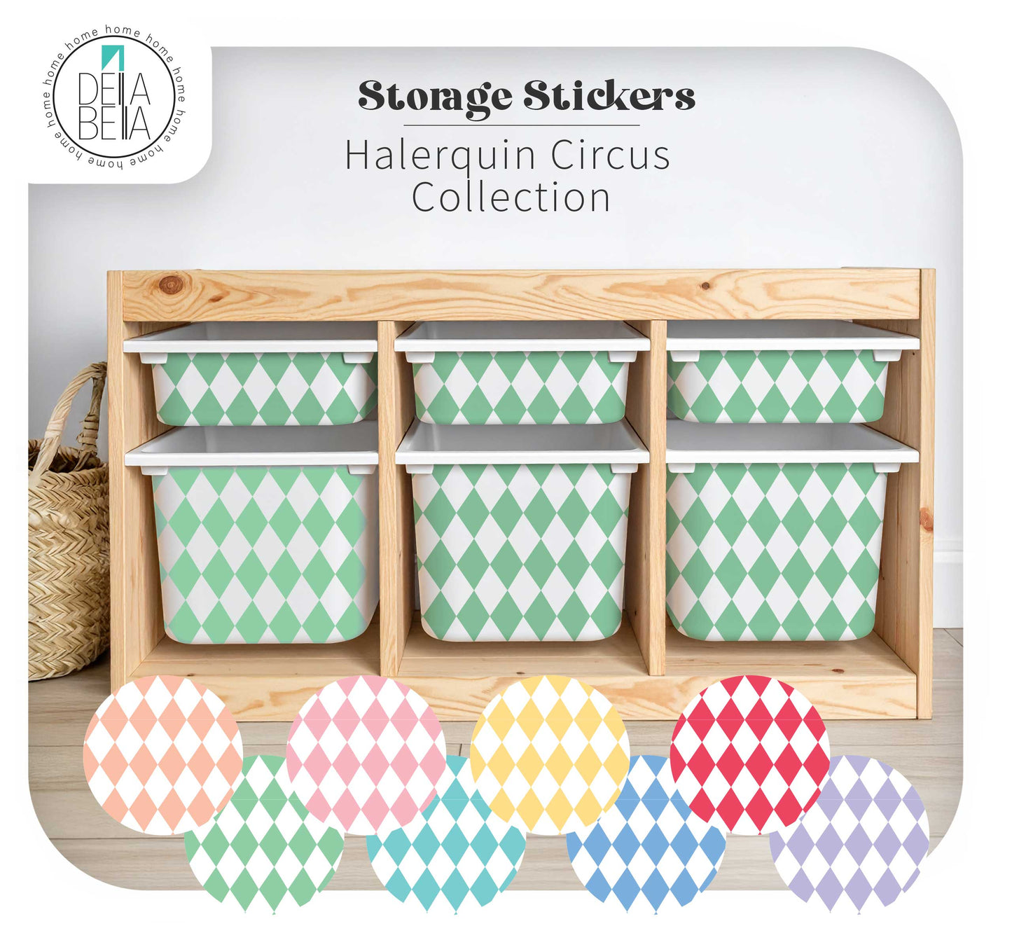 IKEA Trofast unit makeover using Della Bella Circus Collection vinyl wraps for nursery organization.