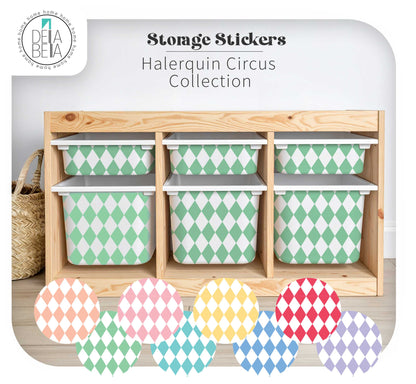 IKEA Trofast unit makeover using Della Bella Circus Collection vinyl wraps for nursery organization.