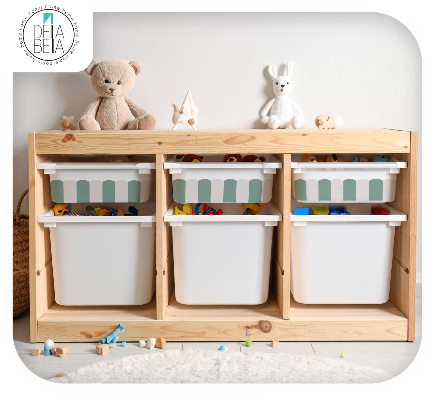 Scallop Edge Storage Box Stickers (Fits IKEA® Trofast) | Nursery Decals - Set of 6 Vinyl Decals for Nursery Storage Bins - Blush, Teal & Camel - IKEA Hack UK