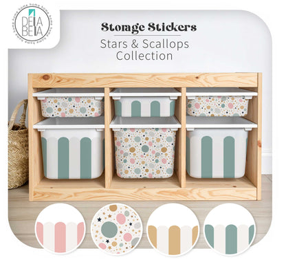stickers for ikea Trofast Storage bins with patterned lids in a wooden organizer, featuring the Delia Bella brand.