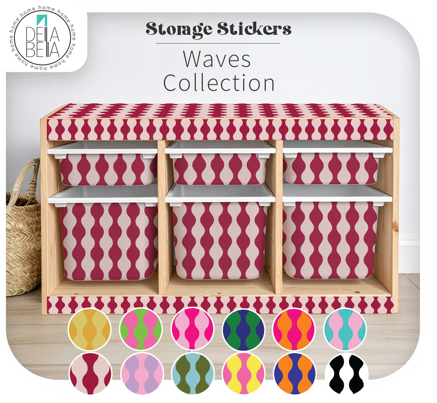 IKEA Trofast unit customised with colourful retro wave stickers on the top and drawer fronts, creating a vibrant and playful IKEA hack for a child's playroom.