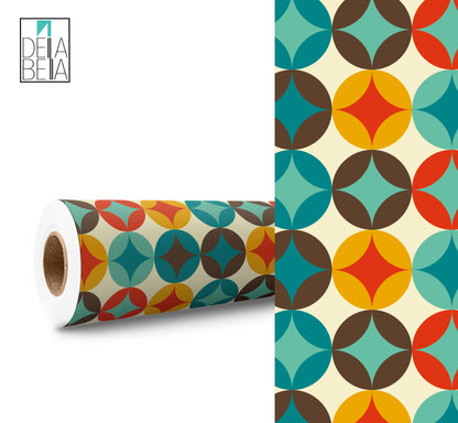 A roll of vinyl wrap with a retro geometric circle pattern in multiple colors, including blue, orange, and red.