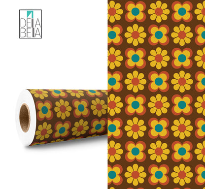 A roll of vintage flowers patterned vinyl wrap for furniture, showing a close-up of the adhesive film with a floral design.