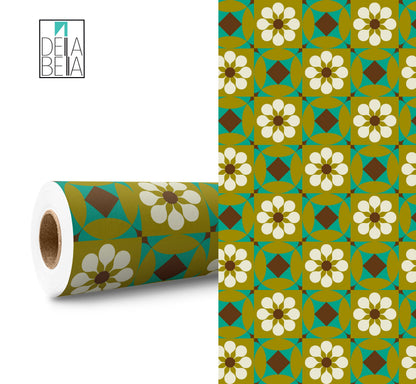 A roll of vintage brown vinyl wrap with a floral geometric pattern, alongside a expanded view of the pattern showcasing the design details.