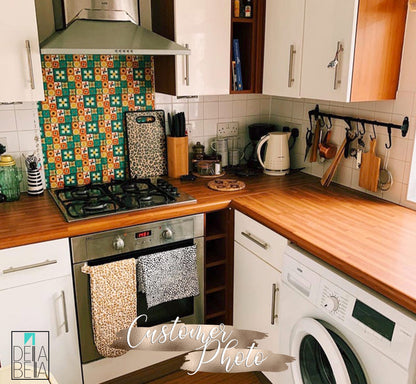 A kitchen setting showing a vinyl wrap with a geometric pattern used for decorating furniture or walls.