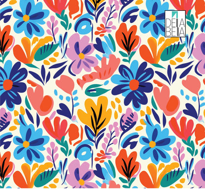 A colorful vinyl wrapping featuring a floral pattern with various colors such as blue, orange, pink, and green on a white background.