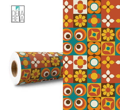 A roll of vinyl wrap with a geometric retro design featuring various shapes and colors such as orange, yellow, brown, and white.