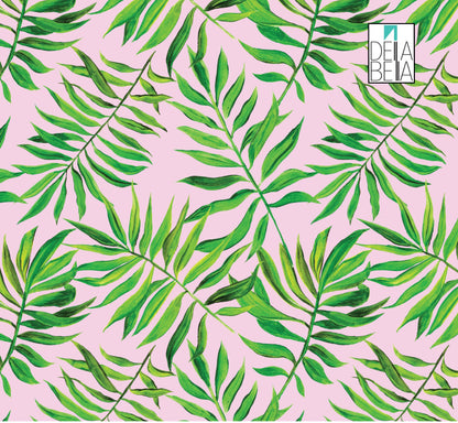 A vinyl wrap featuring a boho floral pattern with various shades of green leaves on a pink background, indicating the product is for furniture upcycling and decoration.