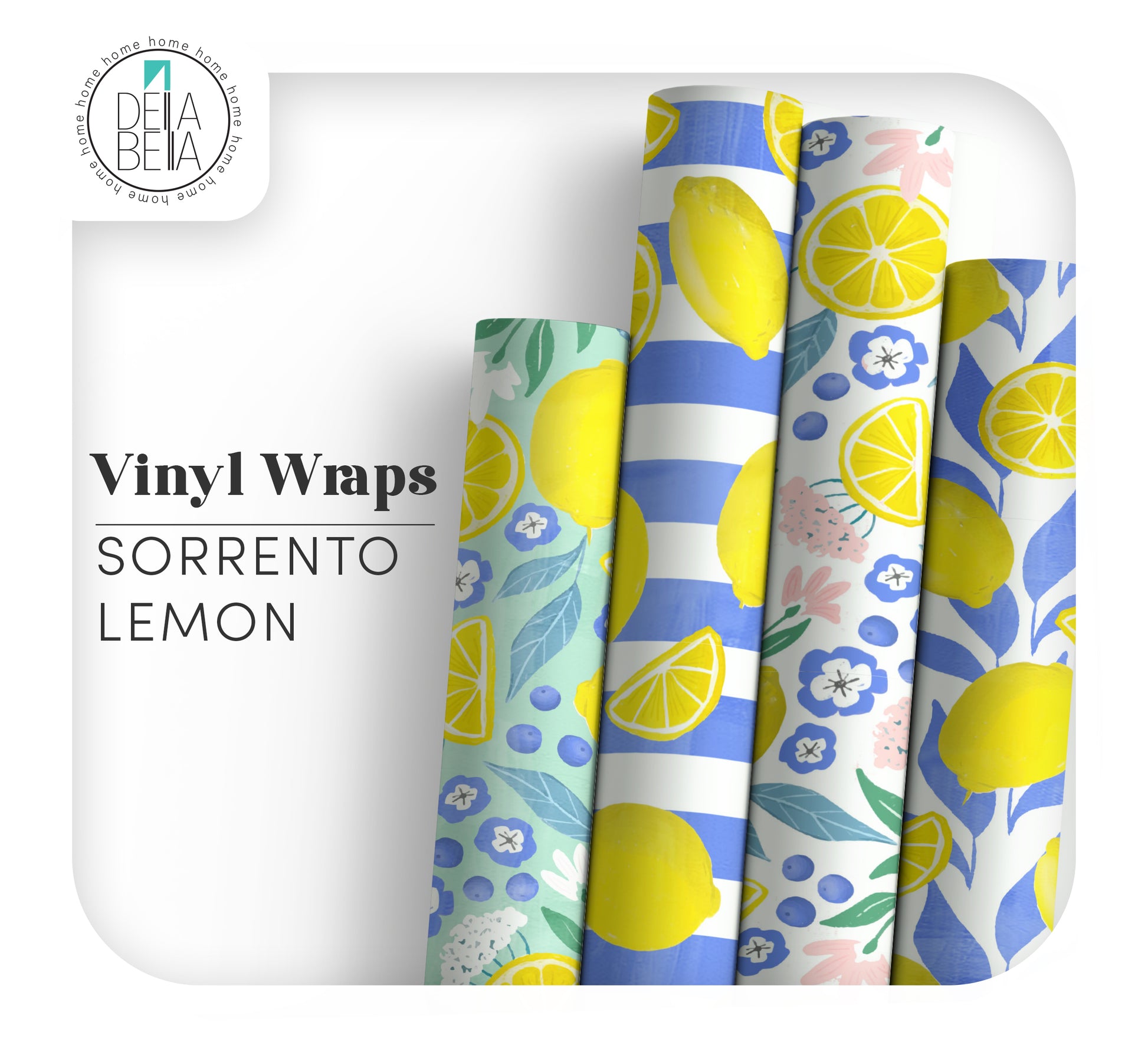 Four rolls of vinyl wraps with lemon and floral patterns on a white background, featuring the brand 'Dela Bella'.