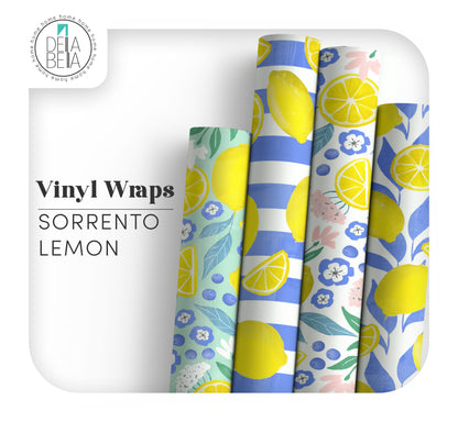 Four rolls of vinyl wraps with lemon and floral patterns on a white background, featuring the brand 'Dela Bella'.