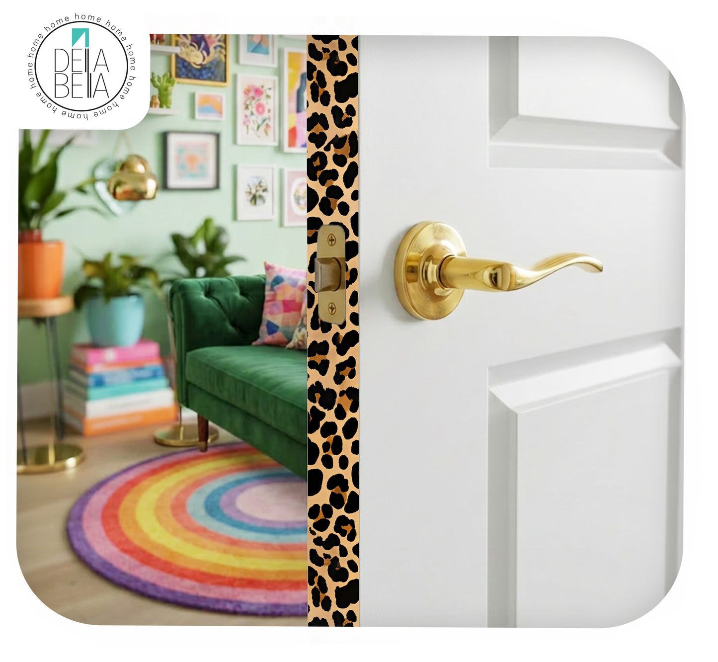 A white interior door with a gold lever handle, shown partially open to reveal a colorful room behind it. A vertical leopard-print strip is applied around the door frame area.