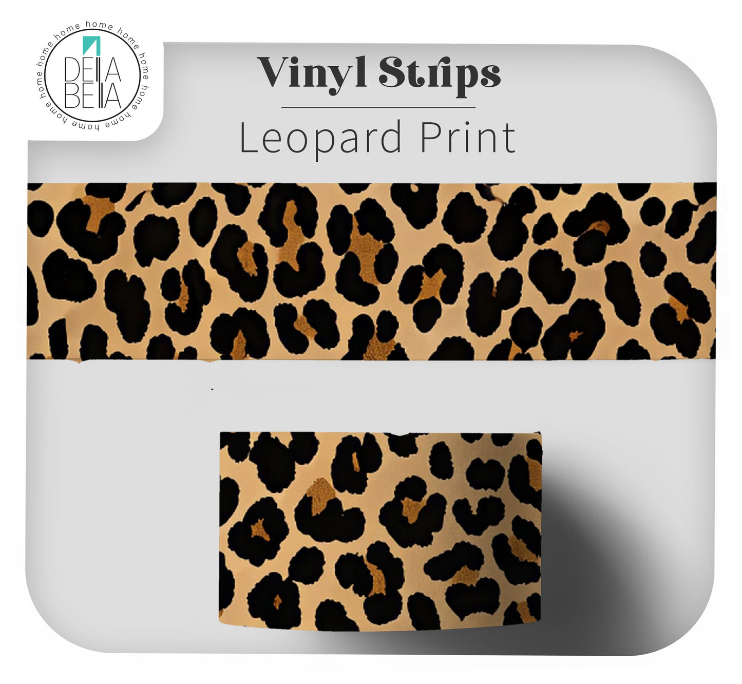 Leopard print vinyl strips shown on a light gray background, with a wide sample strip across the upper middle and a smaller rectangular sample below. Text reads 'Vinyl Strips' and 'Leopard Print.
