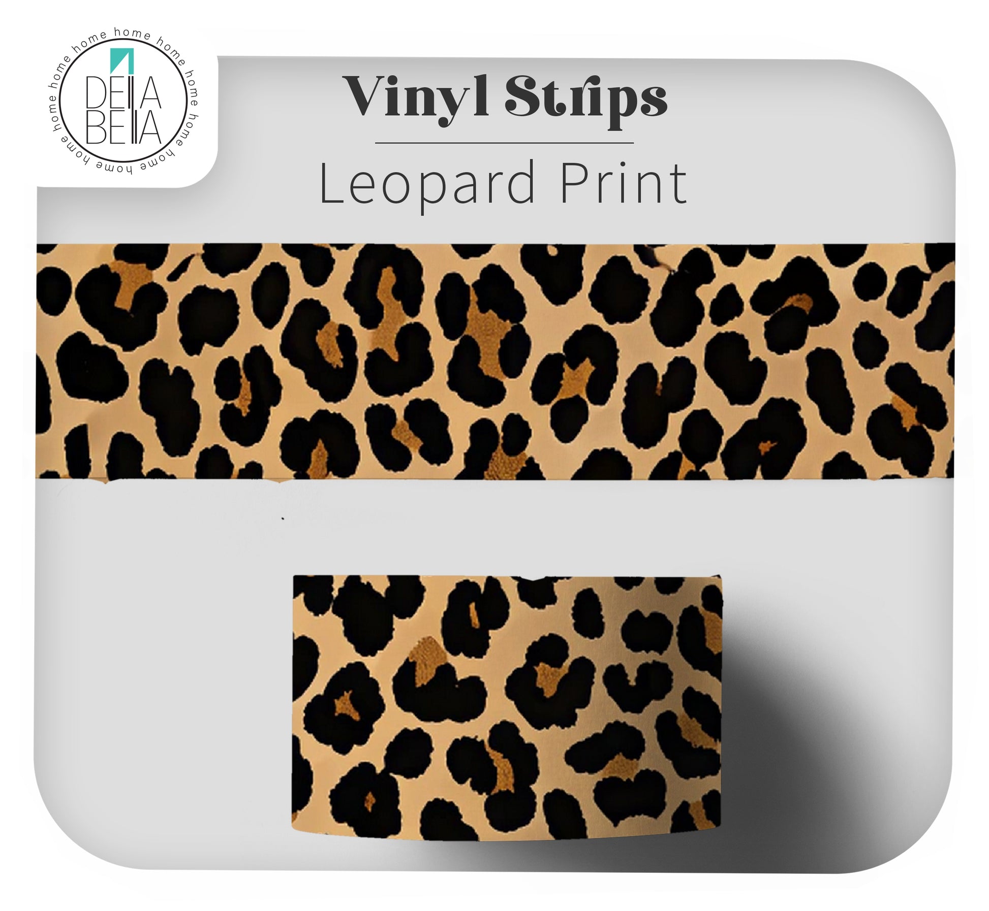 Leopard print vinyl strips shown on a light gray background, with a wide sample strip across the upper middle and a smaller rectangular sample below. Text reads 'Vinyl Strips' and 'Leopard Print.