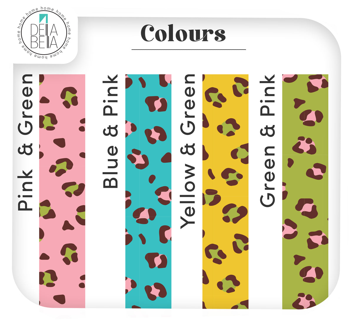 Four colour options for leopard print door edge strips: Pink and Green, Blue and Pink, Yellow and Green, and Green and Pink.